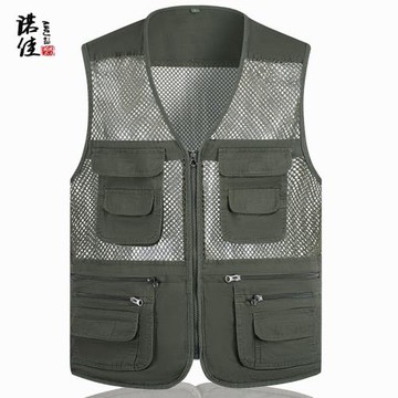 夏季薄款中老年男士純棉多口袋網眼馬甲爸爸坎肩戶外攝影釣魚背心