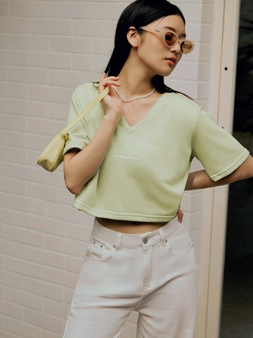 抗UV純色字母刺繡V領短袖上衣