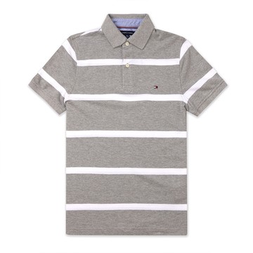 TOMMY 經典刺繡Logo短袖Polo衫-灰白條紋色