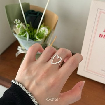 現貨｜s925純銀 鏤空大愛心開口戒指 可調節戒指 D7103 (Puppeee)