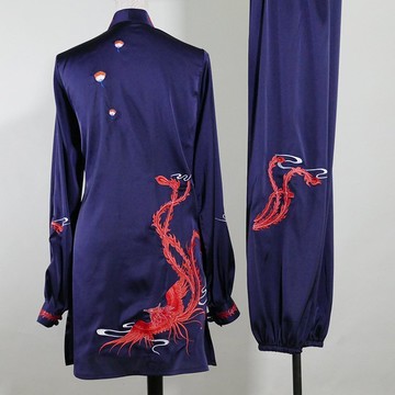 中長款鳳凰刺繡練功服女 武術太極拳表演服收腰加長 藏藍色