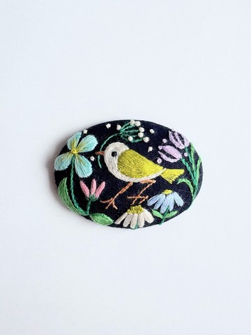 小鳥與花草刺繡胸針 (botanical)#531