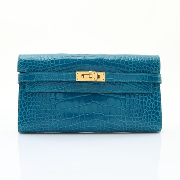 HERMES 愛馬仕 Kelly 長夾 伊茲密爾藍色 Alligator鱷魚皮 C刻 金扣 【二手名牌BRAND OFF】