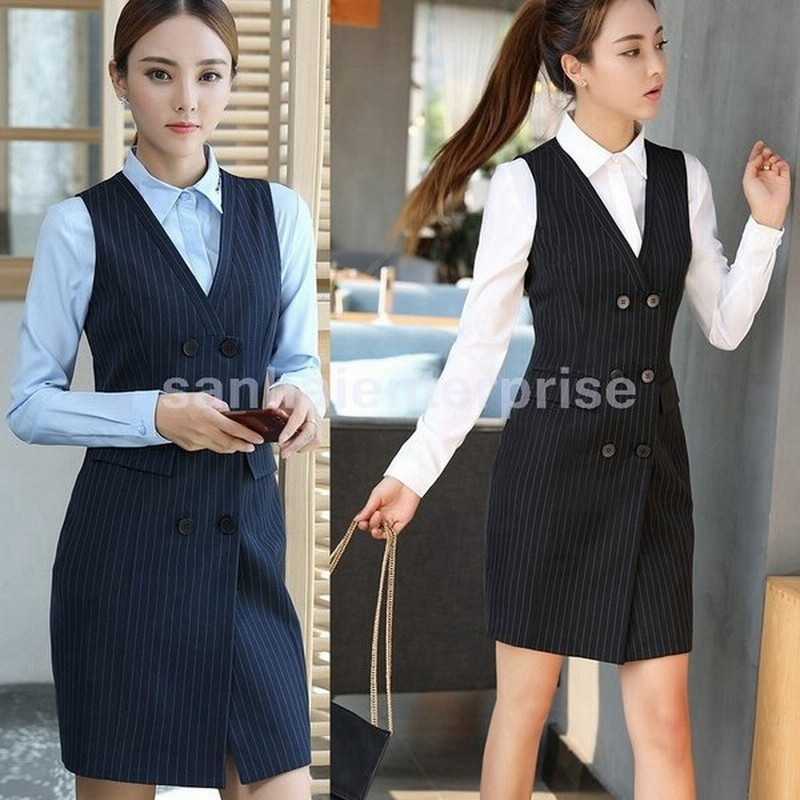 事務服ベストワンピースストライプ柄フォーマルスーツワンピースロングベスト前開きダブルボタンスリム細身ビジネススーツ通勤制服ol 通販 Lineポイント最大0 5 Get Lineショッピング