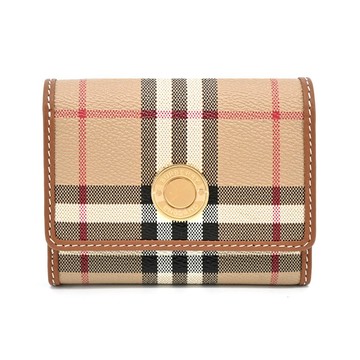 [平輸版]BURBERRY浮雕LOGO格紋皮革三折短夾(卡其)真品平輸
