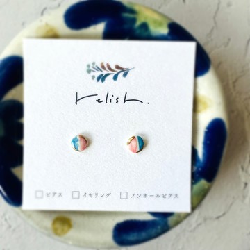 【再販】淡粉色 × 淺藍色 小巧陶器 金繼耳飾 耳針 無耳洞耳夾 迷你 極小 淺藍 金色 櫻花 粉色 簡約 禮物