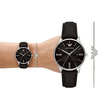 EMPORIO ARMANI 亞曼尼 官方授權 Minimalist亞曼尼紳士日歷手錶手鍊套組 黑色真皮-贈高檔6入收藏盒(AR80079SET)39mm