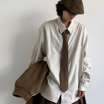 日系復古淺色條紋長袖襯衫男學院風上衣休閒寬鬆襯衫外套男