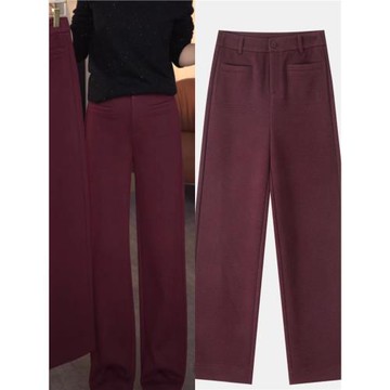 2025早春新款安可拉紅色直筒褲羊毛呢高腰顯瘦百搭垂感休閑長褲