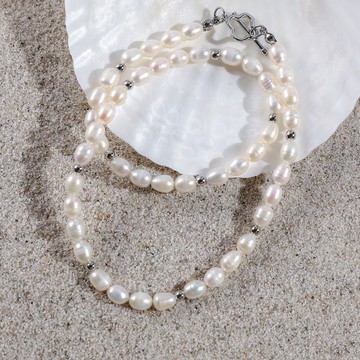 6–7mm 天然白色米型淡水珍珠項鍊 配銀色四葉草OT扣 紀念日禮物