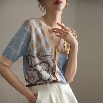 白領哥弟新新款2025年夏季復古提花V領薄款冰絲短袖針織開衫上衣