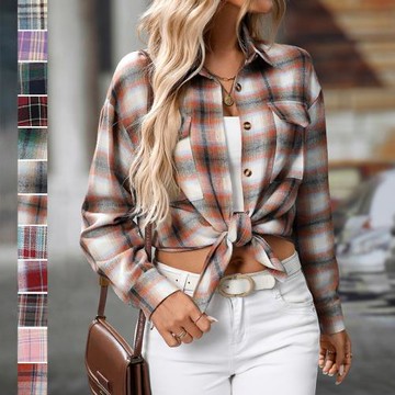 亞馬遜秋冬跨境歐美女裝2025新款休閑時尚寬松格子口袋襯衫女