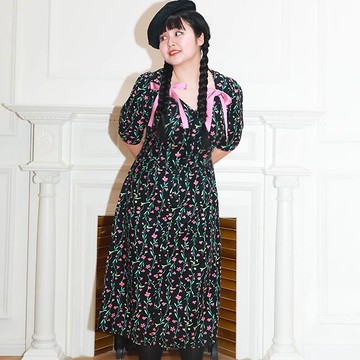 半月天使 純棉吸汗大碼原創蝴蝶結碎花顯瘦收腰連衣裙