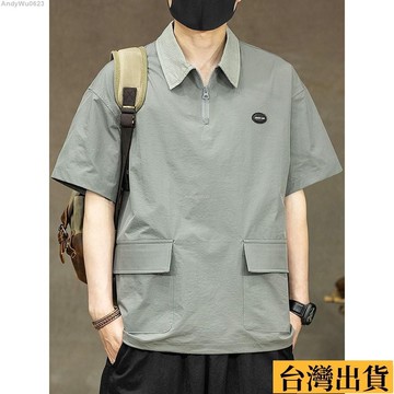 🌈台倉出庫🌈 夏季2025新款撞色口袋短袖polo衫男速幹寬鬆大碼工裝翻領半袖體恤