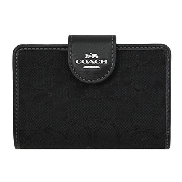 COACH 金屬馬車LOGO緹花布釦式零錢中夾(黑)