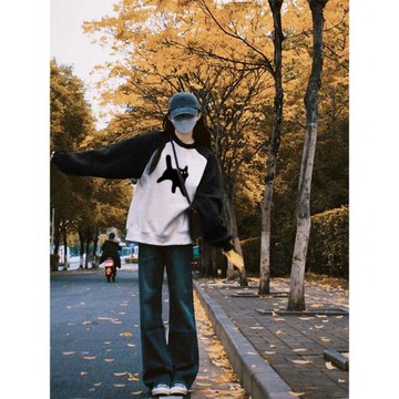 美式復古插肩袖套頭衛衣女秋冬季打底衫oversize圓領上衣外套ins