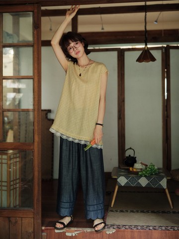 兩色格子色織亞麻小衫中長款