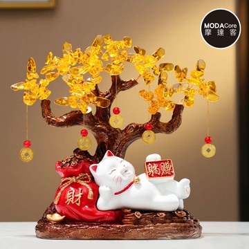 摩達客◉開運招財◉金銅錢發財樹紅色躺賺招財貓福袋擺飾_客廳玄關臥室好風水好運勢_廠商直送