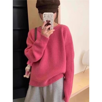 歐洲站小眾秋冬款羊毛衫女圓領寬松百搭加厚外穿軟糯插肩袖毛衣潮
