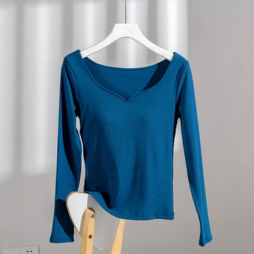 JS - 法式桃心領長袖BRA TOP/附罩杯上衣-海藍色