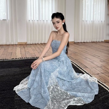 【桃喜Rich女裝】藍色洋裝 法式復古長裙 度假洋裝 提花抹胸連衣裙女 一字領長洋 小個子a字長裙 生日洋裝 公主裙