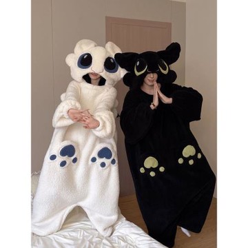 情侶連體睡衣秋冬季珊瑚絨加厚保暖卡通搞怪可愛無牙仔睡袍可外穿