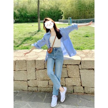 直筒牛仔褲女春秋新款2025年秋季高腰顯瘦小個子淺色窄版煙管褲子