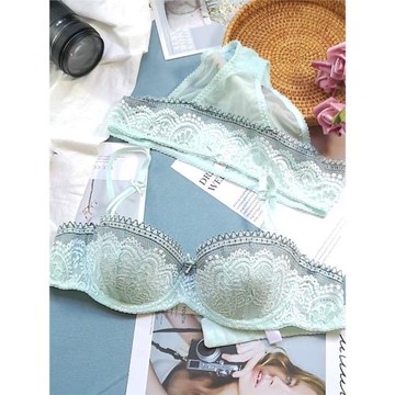 小芬文胸套裝薄款聚攏性感天藍色半杯有鋼圈蕾絲抹胸式1/2杯內衣