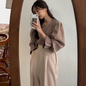 韓國chic秋季氣質圓領喇叭袖襯衫+高腰垂感休閑闊腿休閑褲西褲女