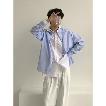 yghome2021年新款韓國休閑寬松長袖假兩件條紋襯衫男女款