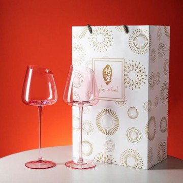 斜口粉色紅酒杯水晶玻璃高腳杯輕奢風高顏值葡萄酒杯禮物禮盒裝