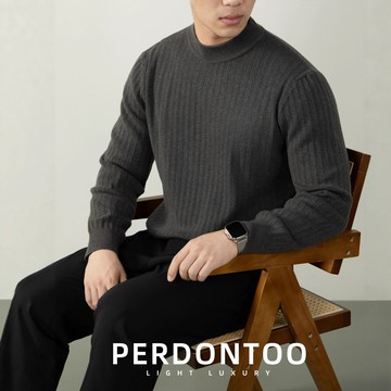 遠紅外保暖無球綿羊毛莫代爾男士半高領針織衫加厚豎紋毛衣