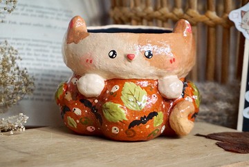 萬聖節貓盆樹脂盆帶小植物排水孔