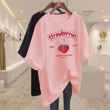 胖胖美依 T恤 短袖上衣 大學T M-5XL純棉內搭中長款卡通草莓短袖T恤寬鬆大碼上衣打底衫-5552.