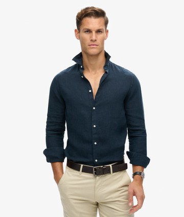 Superdry Men's Men's Casual Linen Long Sleeve Shirt Navy - Size: S
