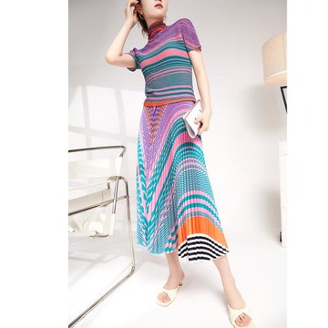 PY褶皺簡約套裝女高級氣質感條紋印花短袖T恤顯瘦百褶裙兩件套