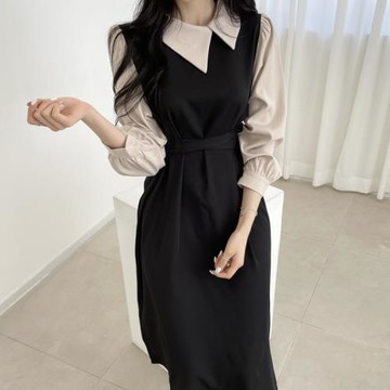 撞色連衣裙女春秋季高腰顯瘦氣質泡泡袖a型長裙