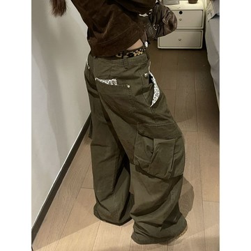 秒殺出清  牛仔褲女 牛仔褲 高腰牛仔褲 寬鬆牛仔褲 歐美辣妹 顯瘦  豹紋 美式豹紋拼接口袋排扣工裝褲男女直筒
