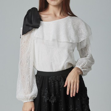 斜肩綁帶拼接紗上衣   白