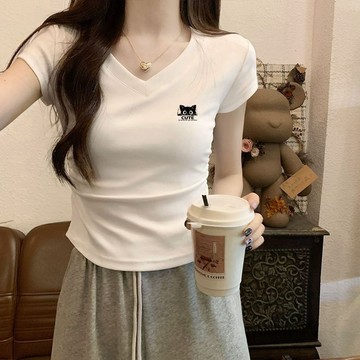 胖胖美依 上衣 T恤 短袖上衣  M-2XL純棉褶皺V領正肩短袖t恤夏小衆設計感短款洋氣顯瘦辣妹上衣-6960.