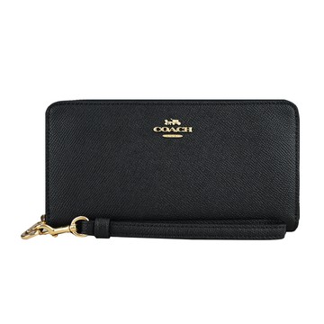 COACH 馬車LOGO素面防刮皮革手掛式長夾(黑金)