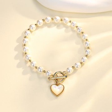 ANGEL 甜美愛心貝母珍珠串OT扣手鍊(金色)