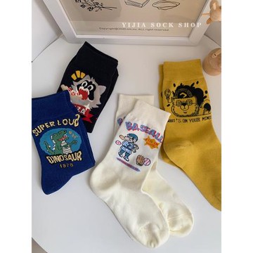 襪子女士可愛個性ins潮襪中筒襪秋冬純棉卡通長筒襪恐龍插畫原創