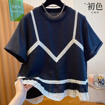 初色 氣質拼接蕾絲短袖圓領T恤上衣女上衣-共2色-14318(M-2XL可選)