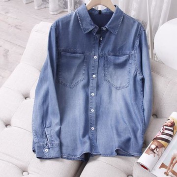 2022秋款時尚休閑重工水洗牛仔襯衫女百搭顯瘦歐美長袖牛仔襯衣