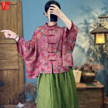 子曰中國風毛邊立領對襟盤扣苧麻印花開衫女民族風寬松蝙蝠袖外搭