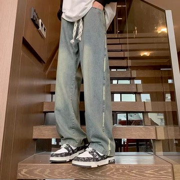 牛仔褲男 水洗牛仔褲 做舊復古牛仔褲 直筒牛仔褲 學生直筒長褲 青少年闊腿褲 寬松大碼百搭牛仔褲男 運動牛仔褲