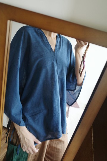 泰國純棉側邊綁帶寬袖上衣 藍色