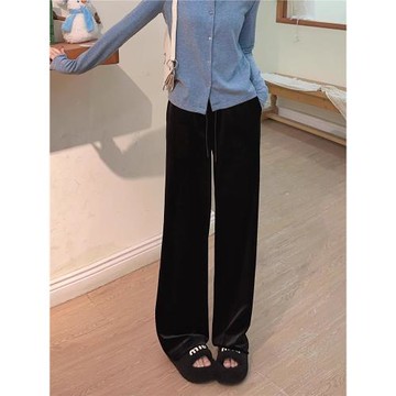 仿醋酸絲絨褲加厚直筒拖地褲絲滑純黑色光澤不粘毛25秋冬口袋長褲