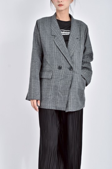 (L) han yi du質感格紋口袋灰色外套